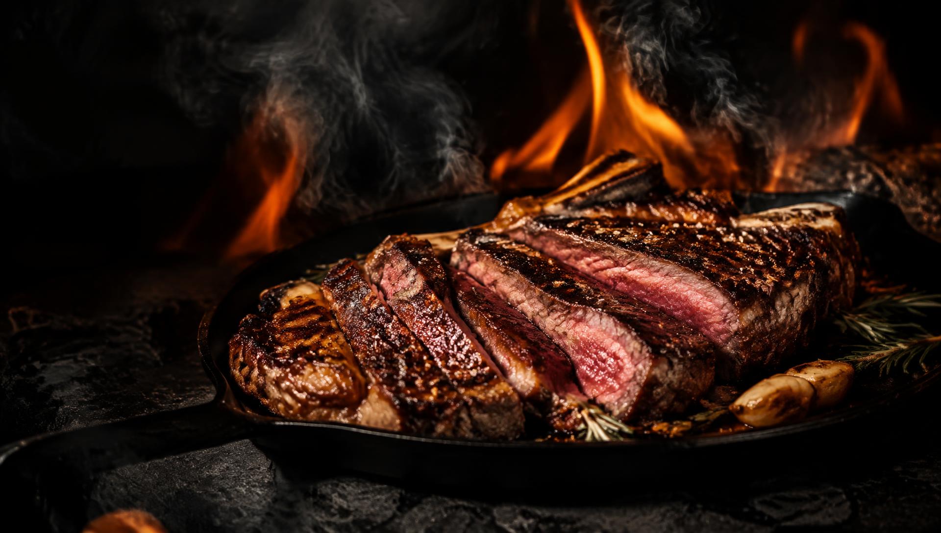 Sliced ribeye on a cast iron pan over flames